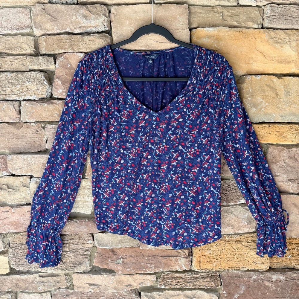Lucky Brand V-neck Blue Floral Long sleeve Viscose Boho Country Western Top M - Picture 2 of 13